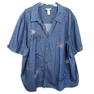 Liz &‎ Me Plus Size 34W 36W Denim Top Fireworks Americana Fourth of July 1464
